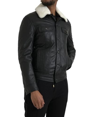 Dolce & Gabbana Leather Fur Collar Biker Coat Jacket - Black