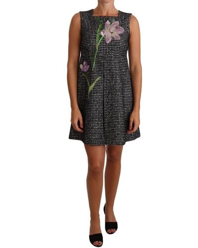 Dolce & Gabbana Grey Houndstooth Floral Appliqué Shift Mini Dress Virgin Wool - Black
