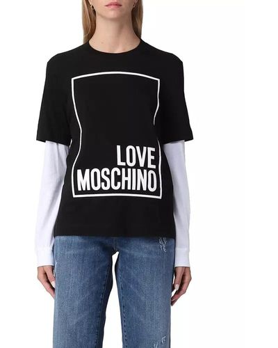 Love Moschino Elegant Cotton Tee With Eco-leather Detail - Black