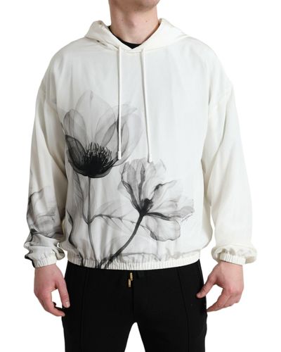 Dolce & Gabbana White Floral Print Hooded Pullover Sweater - Gray
