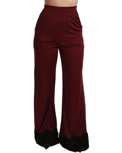Dolce & Gabbana Dolce Gabbana Black Lace High Waist Wide Leg Maroon Pants - Red