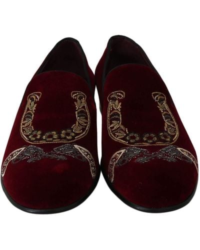 Dolce & Gabbana Velvet Gun Loafers Shoes Bordeaux Mv2192 - Multicolor