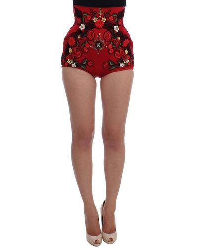 Dolce & Gabbana Dolce Gabbana Silk Roses Crystal Mini Shorts - Red