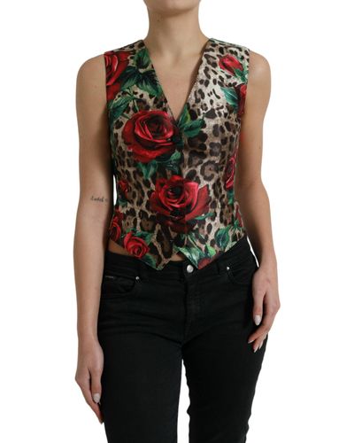 Dolce & Gabbana Brown Leopard Rose Silk Waistcoat Vest Top - Black