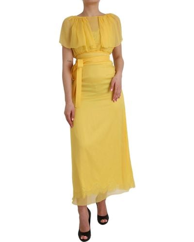 Dolce & Gabbana Silk Sheath Belted Long Maxi Dres - Yellow