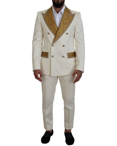 Dolce & Gabbana Off White Gold Striped Tuxedo Slim Fit Suit - Multicolour