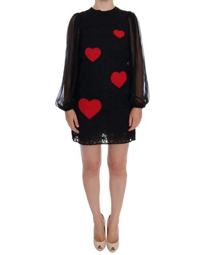 Dolce & Gabbana Lace Red Heart Shift Dress - Black