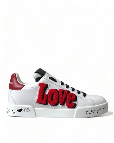 Dolce & Gabbana White Love Patch Portofino Classic Trainers Shoes - Red