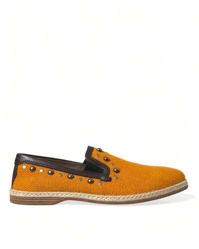 Dolce & Gabbana Orange Linen Leather Studded Loafers Shoes