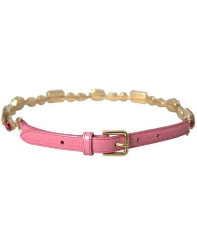 Dolce & Gabbana Leather Crystal Chain Embellished Belt - Pink