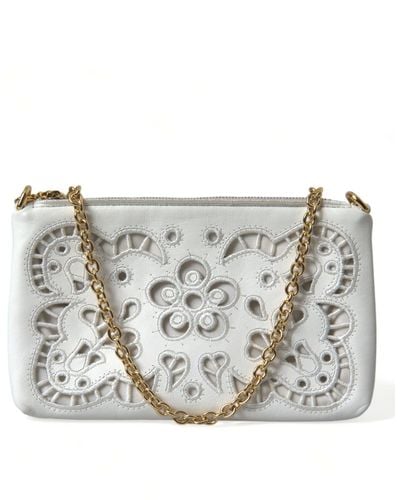 Dolce & Gabbana Embroidered Floral Leather Clutch With Chain Strap - Grey