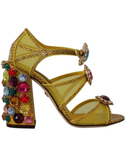 Dolce & Gabbana Yellow Leather Crystal Ayers Sandals Shoes - Green