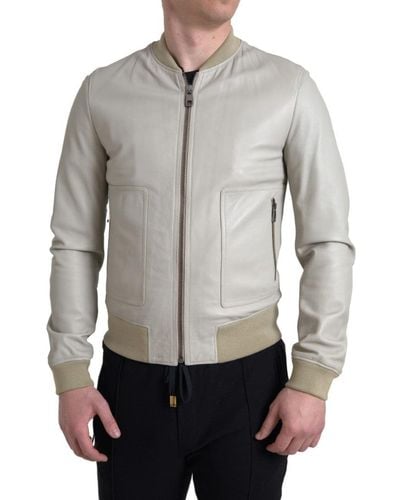 Dolce & Gabbana Cream Leather Bomber Blouson Full Zip Jacket - Gray