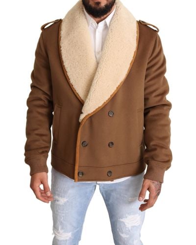 Dolce & Gabbana Stylish Shearling Double Breasted Coat Jacket Wool - Brown