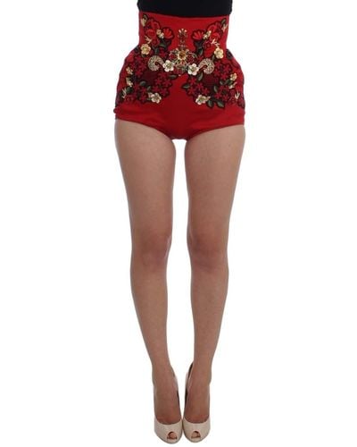 Dolce & Gabbana Silk Crystal Roses Shorts Red Sig20121