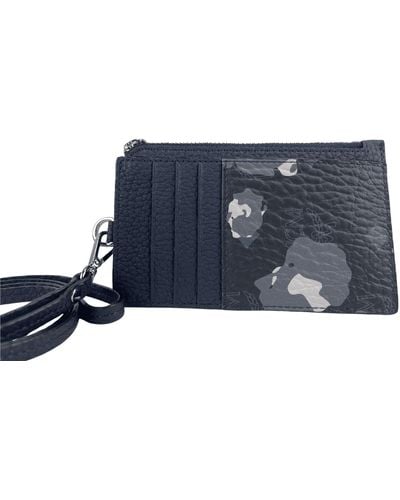 MCM Portuna Visetos Black Floral Camo Leather Card Case Necklace Lanyard Wallet - Blue
