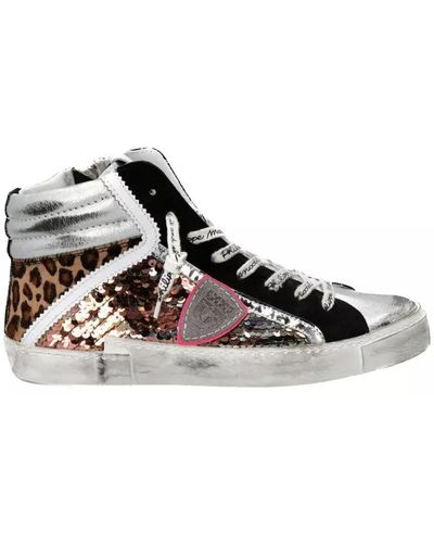 Philippe Model Elegant Grey Leather Trainers With Sequin Details - Black