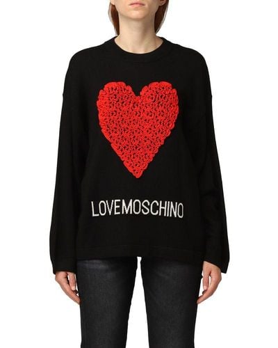 Love Moschino Embossed Heart Ruffle Wool Blend Jumper - Black