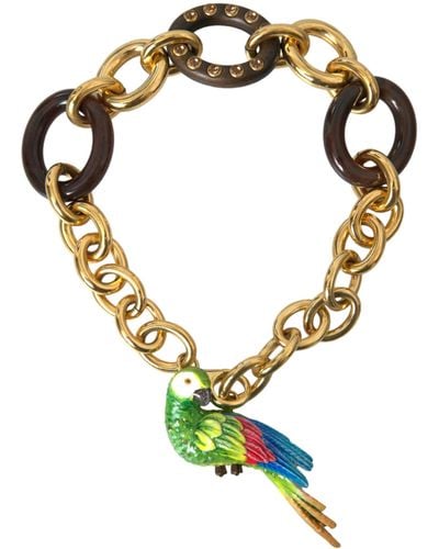 Dolce & Gabbana Brass Chain Crystal Pearl Parrot Pendant Necklace - Metallic
