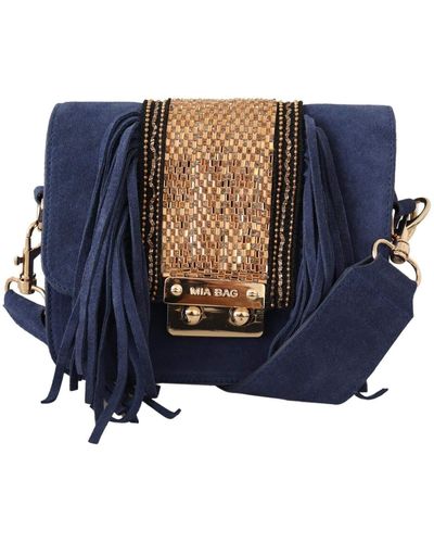 MIA Blue Suede Gold Applique Logo Shoulder Handbag Bag