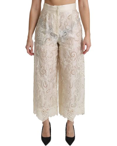 Dolce & Gabbana Lace High Waist Palazzo Cropped Pants - Natural