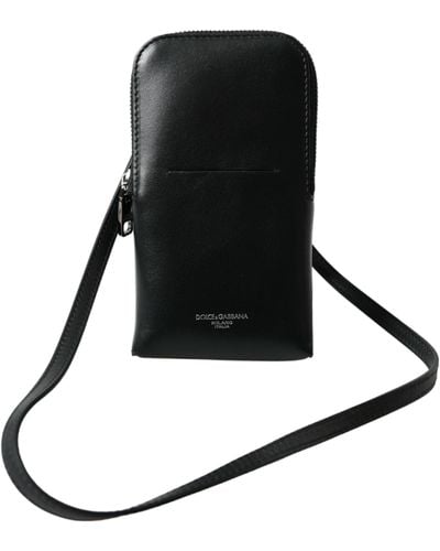 Dolce & Gabbana Leather Zip Around Logo Print Lanyard Strap Wallet - Black