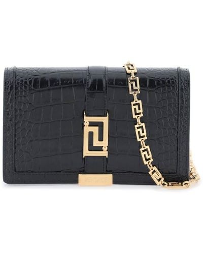Versace Croco-embossed Leather Greca Goddes Crossbody Bag - Black