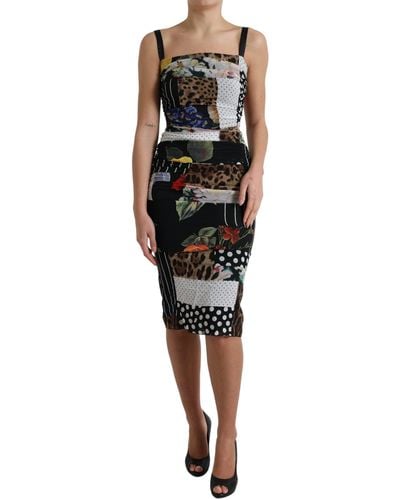 Dolce & Gabbana Multicolour Patchwork Midi Floral Leopard Bodycon Dress - Black