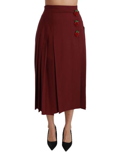 Dolce & Gabbana High Waist Pleated Maxi Wool Skirt - Red