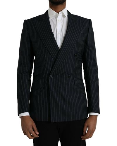 Dolce & Gabbana Stripe Sicilia Double Breasted Coat Blazer - Black