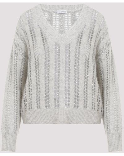 Brunello Cucinelli Pearl Grey 3d Ribbed And Shiny Net Wool Jumper