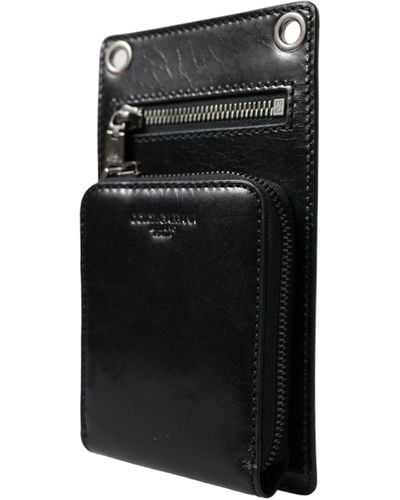 Dolce & Gabbana Calf Leather Zip Logo Shoulder Neck Strap Wallet - Black
