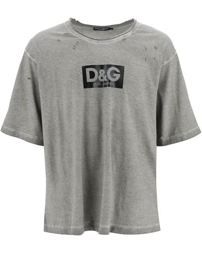 Dolce & Gabbana Washed Cotton T-shirt With Destroyed Detailing - Gray