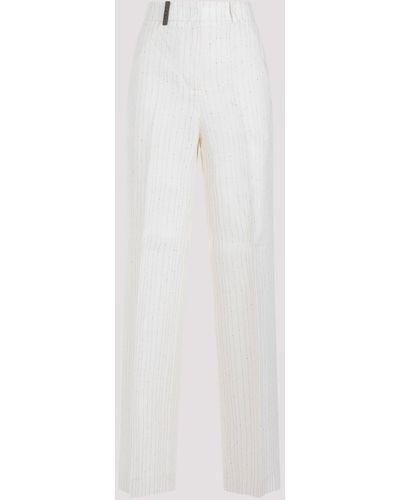 Peserico Beige Stucco Linen Pinstripe Trousers - White