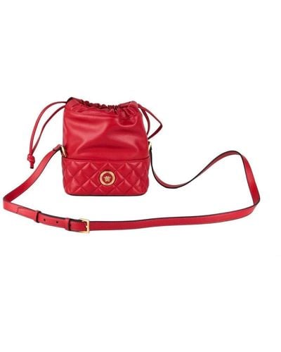 Versace Quilted Leather Drawstring Shoulder Bag Bucket Crossbody Handbag - Red