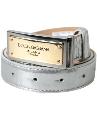 Dolce & Gabbana Silver Leather Metal Logo Buckle Belt Men - Grey