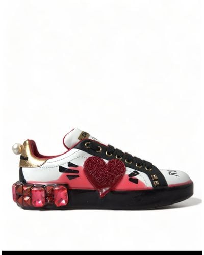 Dolce & Gabbana Rhinestone Embellished Leather Trainers - Red