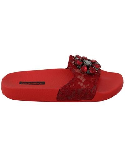 Dolce & Gabbana Floral Lace Crystal-Embellished Slide Flats - Red