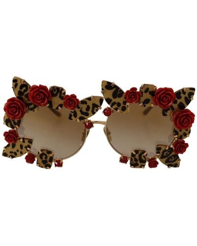Dolce & Gabbana Gold Metal Frame Roses Embellished Sunglasses - Black