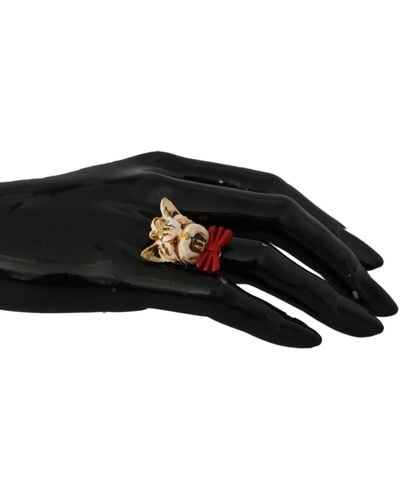 Dolce & Gabbana Gold Brass Resin Beige Dog Pet Ring - Black