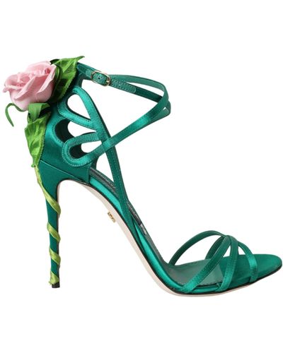 Dolce & Gabbana Flower Satin Heels Sandals Shoes - Green