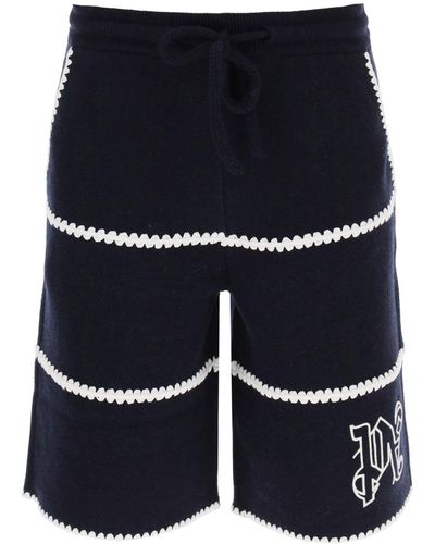 Palm Angels Wool Knit Shorts With Contrasting Trims - Blue