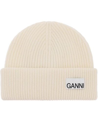 Ganni Beanie Hat With Logo Label - Natural