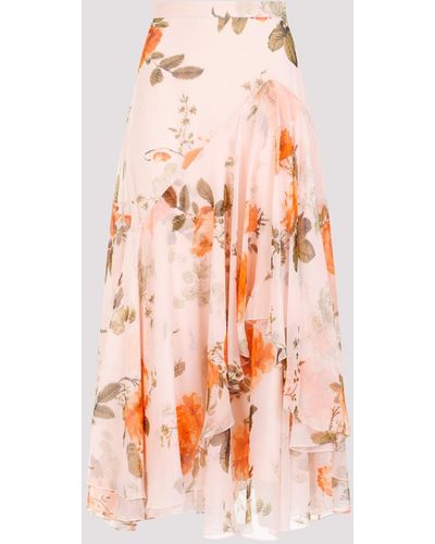 Erdem Shell Pink Silk Midi Skirt With Tiered Frilled Hem - Orange