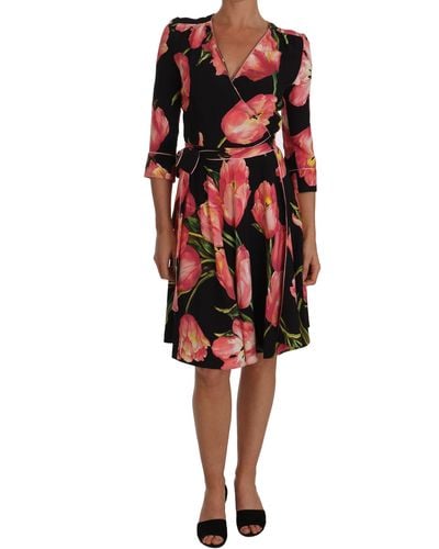 Dolce & Gabbana Black Pink Tulip Print Stretch Shift Dress