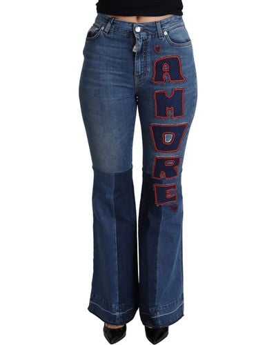 Dolce & Gabbana Blue Amore Patch Boot Cut Cotton Stretch Pant