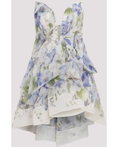 Zimmermann Blue Floral Natura Draped Linen Silk Mini Dress