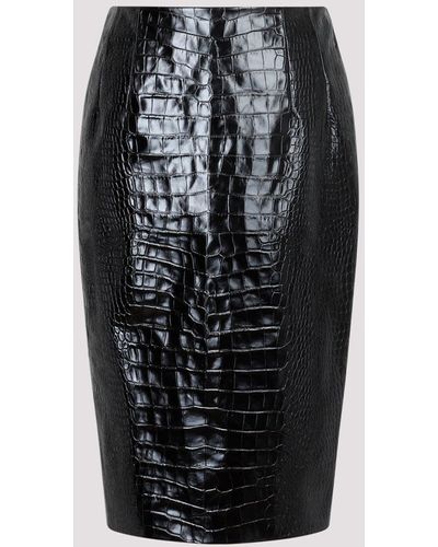 Versace Black Crocodile Print Embossed Leather Skirt