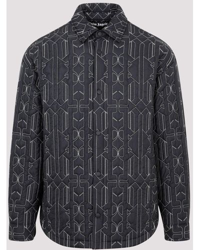 Palm Angels Grey Anthracite All Monogram Quilted Overshirt - Blue
