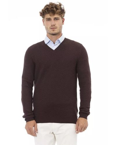 Alpha Studio Elegant Merino Wool V-neck Sweater - Purple